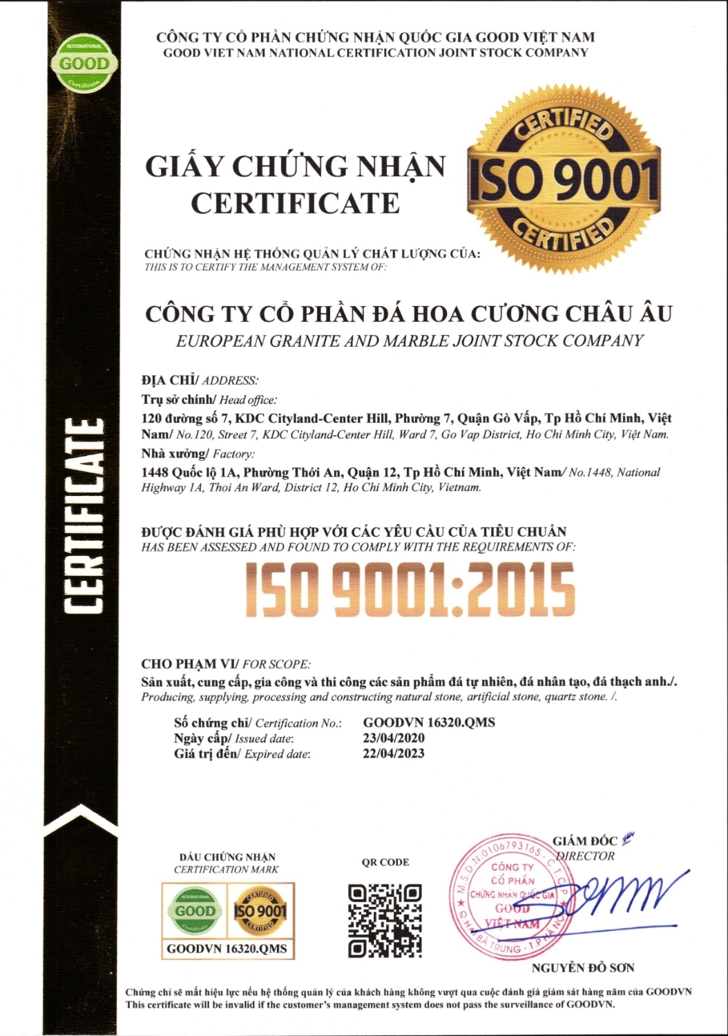 giay chung nhan certificate
